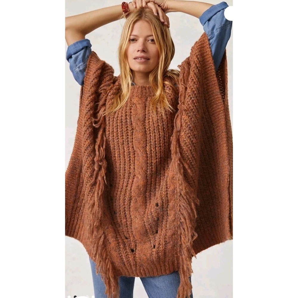 Anthropologie Marled Fringe Boho Oversized Poncho Bonze Prairie‎ One Size